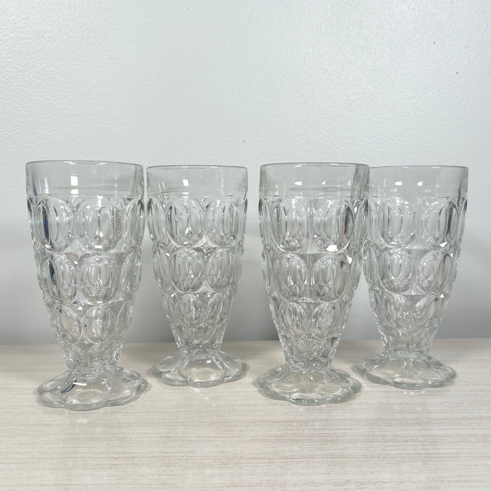 Jeannette Glass Clear Thumbprint Footed Tumblers Scalloped Tea MCM Retro FOUR